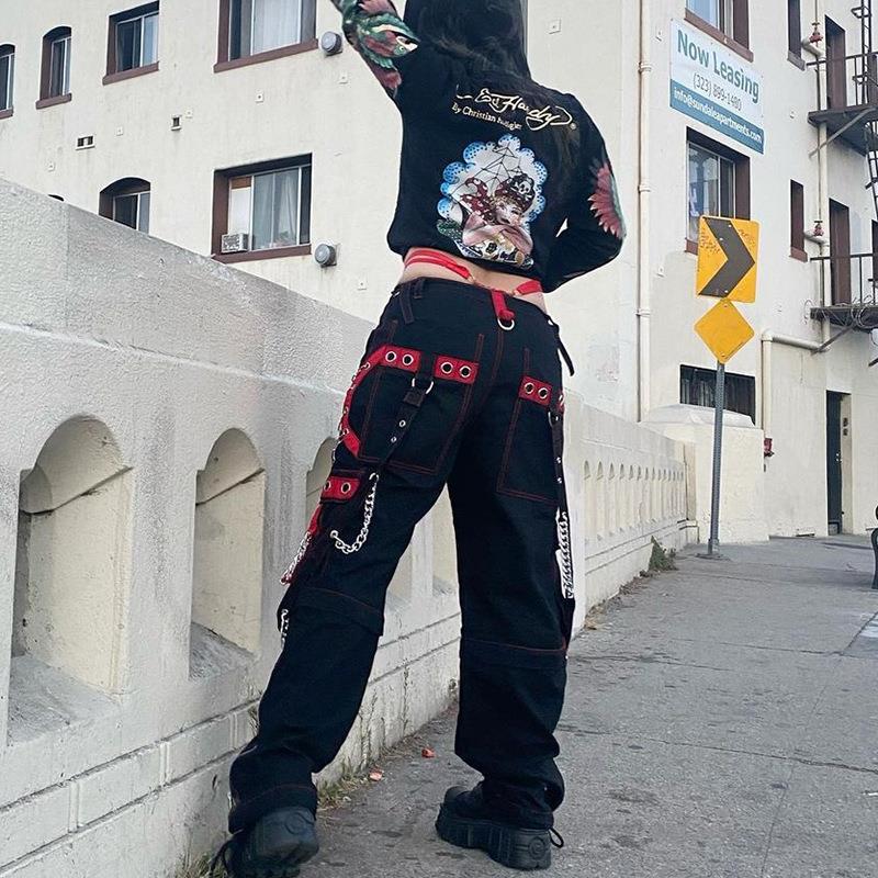 Insnet Street Dark Chain-knap Webbing Hip Hop Løstsiddende Casual Bukser