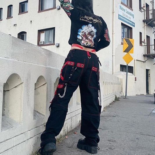 Insnet Street Dark Chain Button Webbing Hip Hop Loose Fitting Casual Trousers