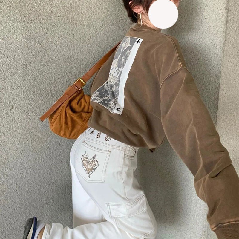 Kadınlar için Vintage Gevşek Uzun Kollu Üst  