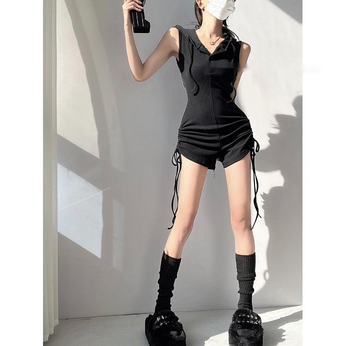 American Hot Girl Hooded One-piece Vest T-shirt Shorts