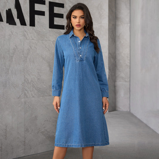 Loose-fit Denim Dress With Long Sleeves For Fallwinter