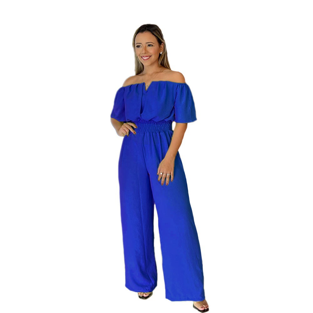 Crew-neck Waist-cinching Casual Relaxed-fit Straight-leg Jumpsuit