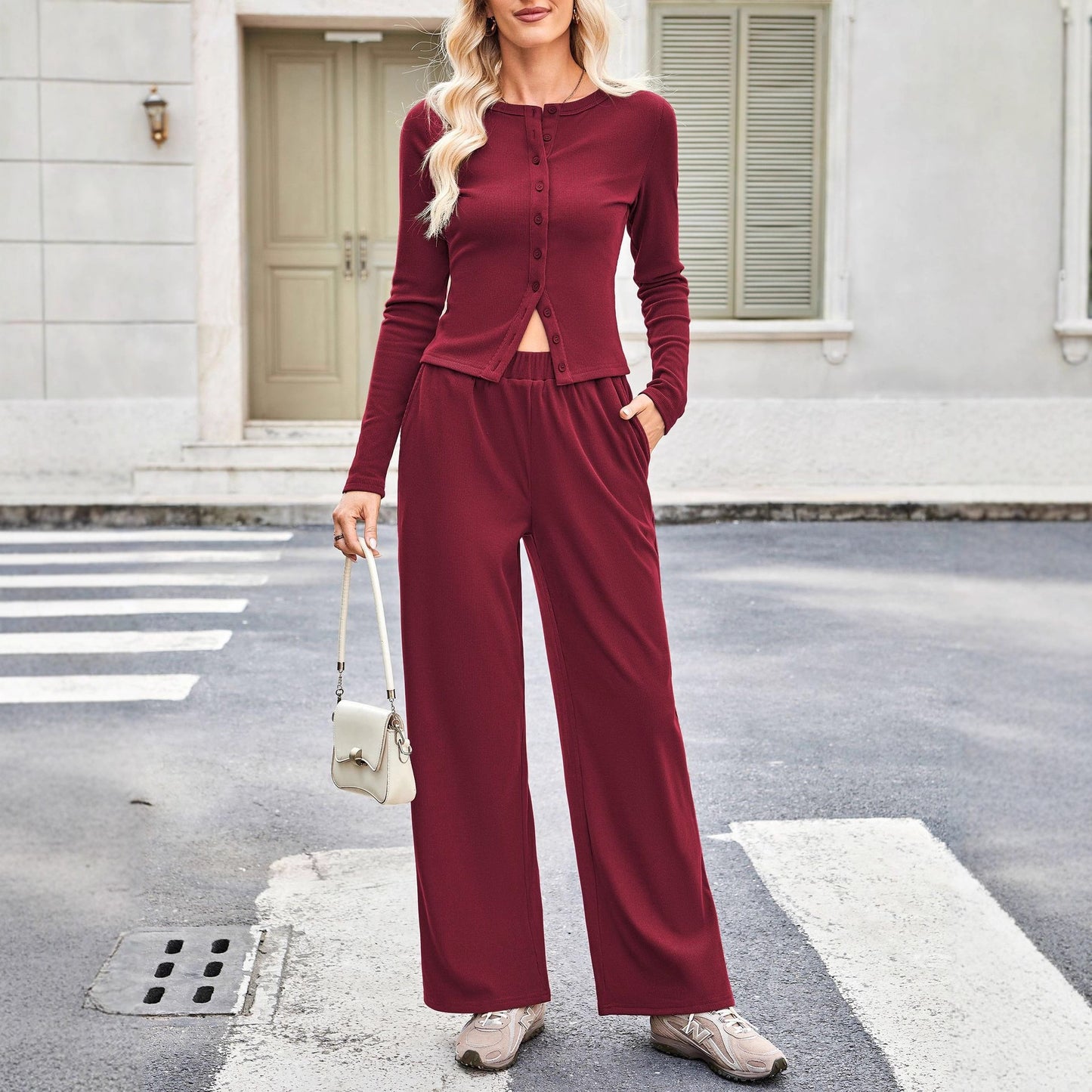 Top Elastic Waist Wide Leg Pants Suit