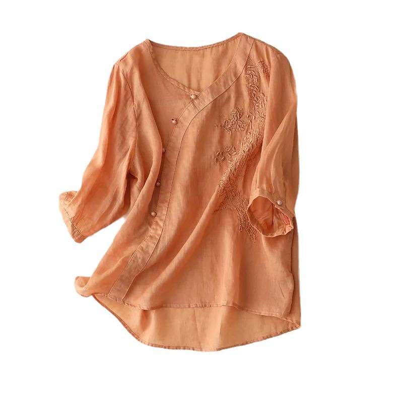 Plus Size Slimming Cotton And Linen Top With Buckle Loose Cotton-linen Shirt Women