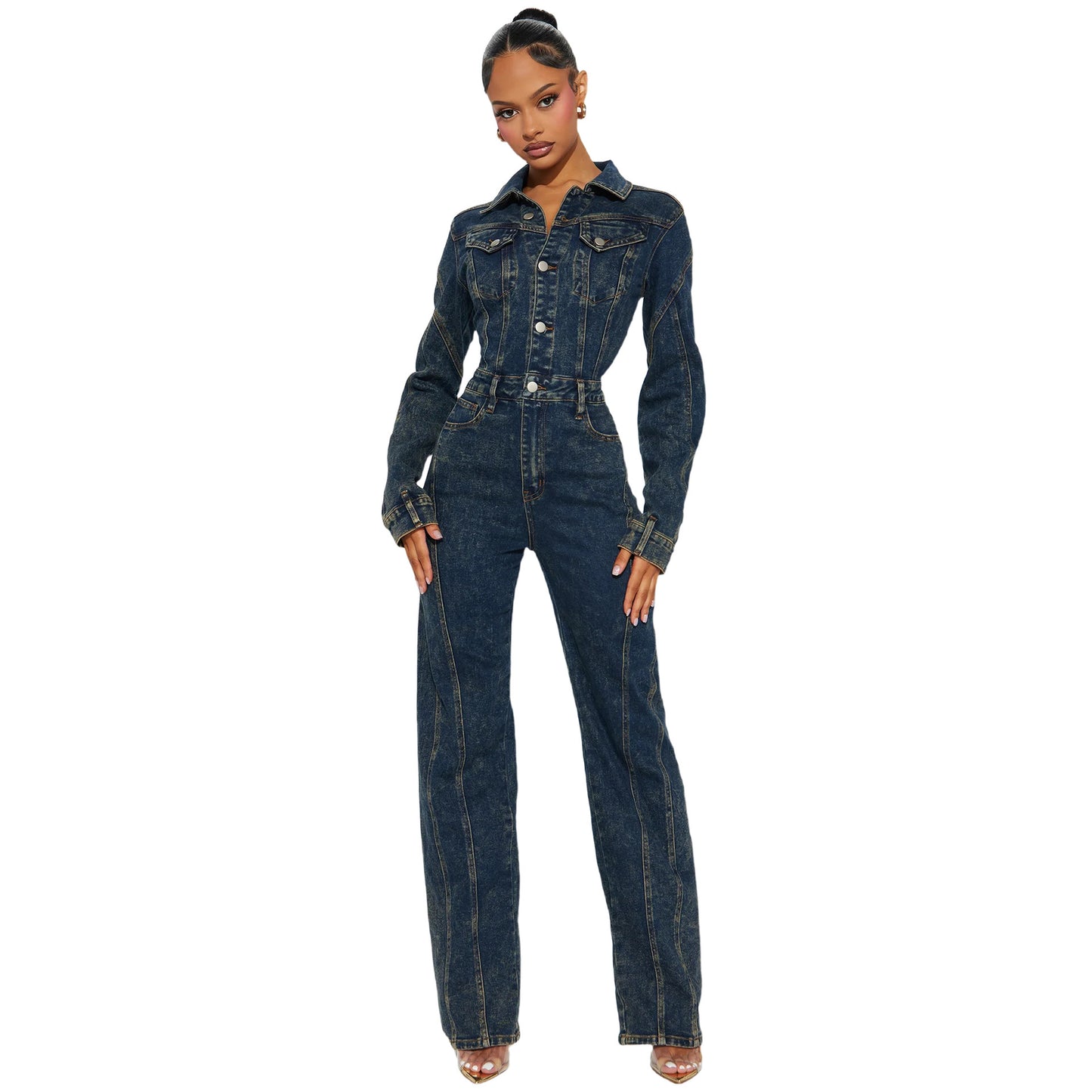 Washed Long-sleeve Patchwork Denim Jumpsuit