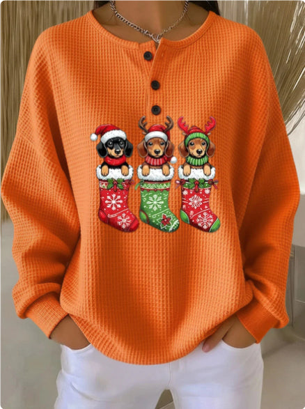 Womens Retro Printed Three-Button Stand-Up Collar Sweatshirt Top