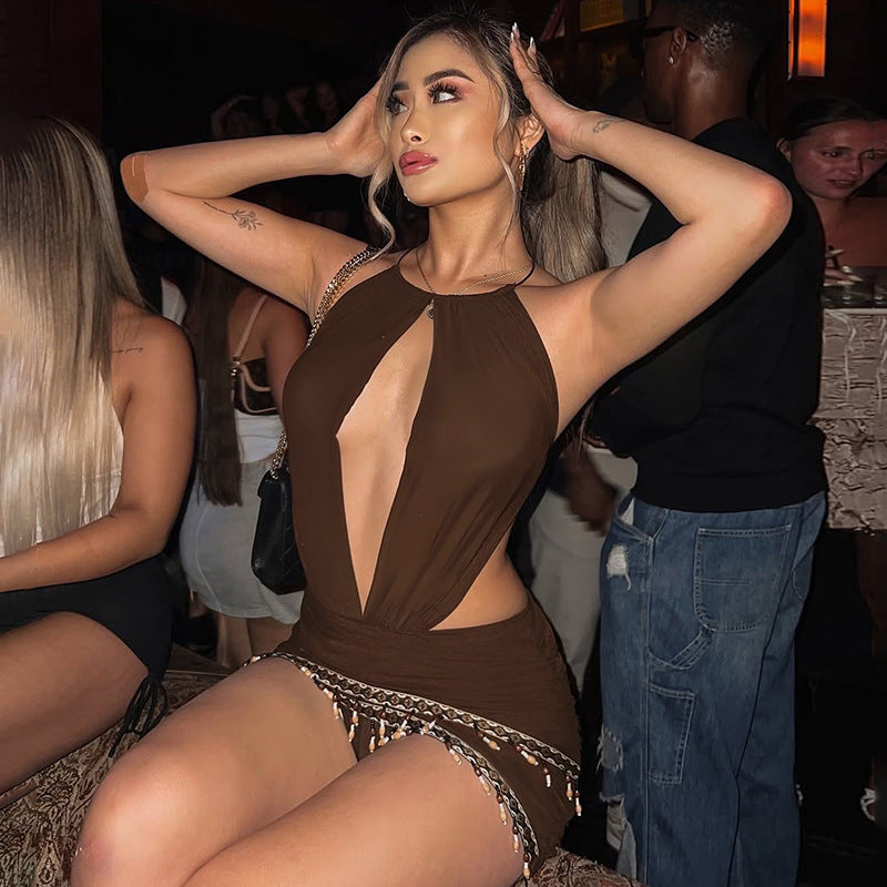 Solid-color Bohemian Sexy Halter Maxi Bodycon Dress With A Plunging Back