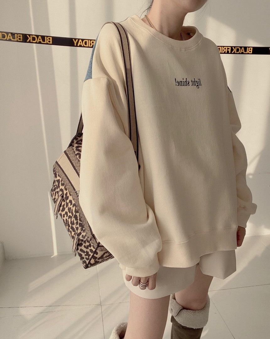 Women's Round Neck Letter Patch Denim Sweatshirt