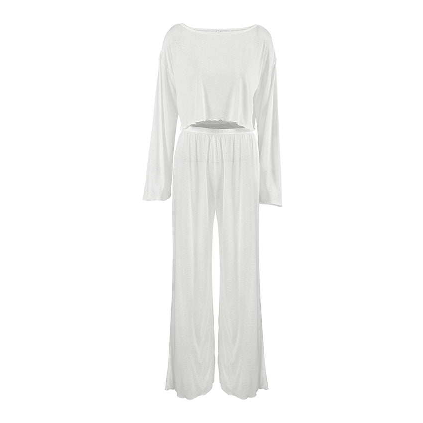 Women's Knitted Crew-Neck Pajama Set With Long Sleeves And Long Pants Two Pieces
