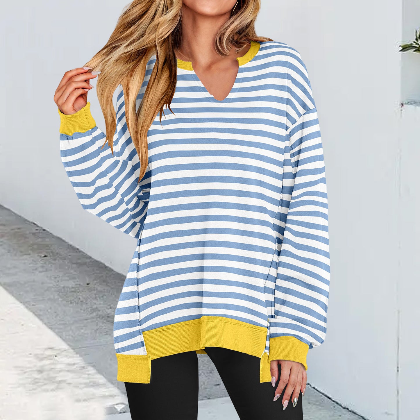 Dame Stribet V-hals Løs Sweatshirt Strik