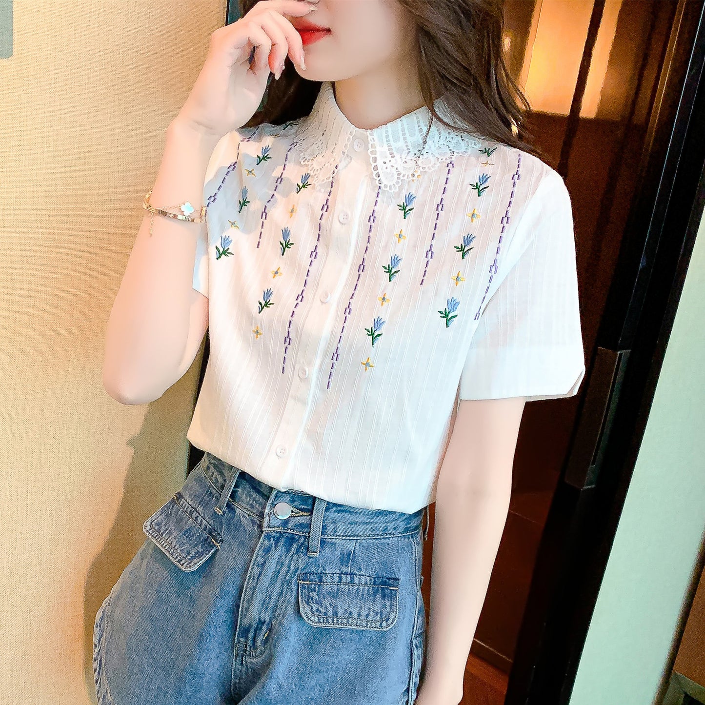 Western Style Cotton Embroidered Short-sleeved Purple Top