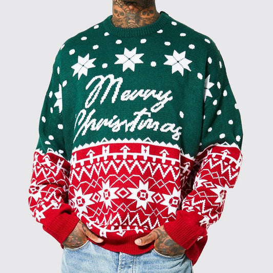 Mænds nye strikkede jacquard løs pullover-sweater med rund hals til efterår og vinter og jul