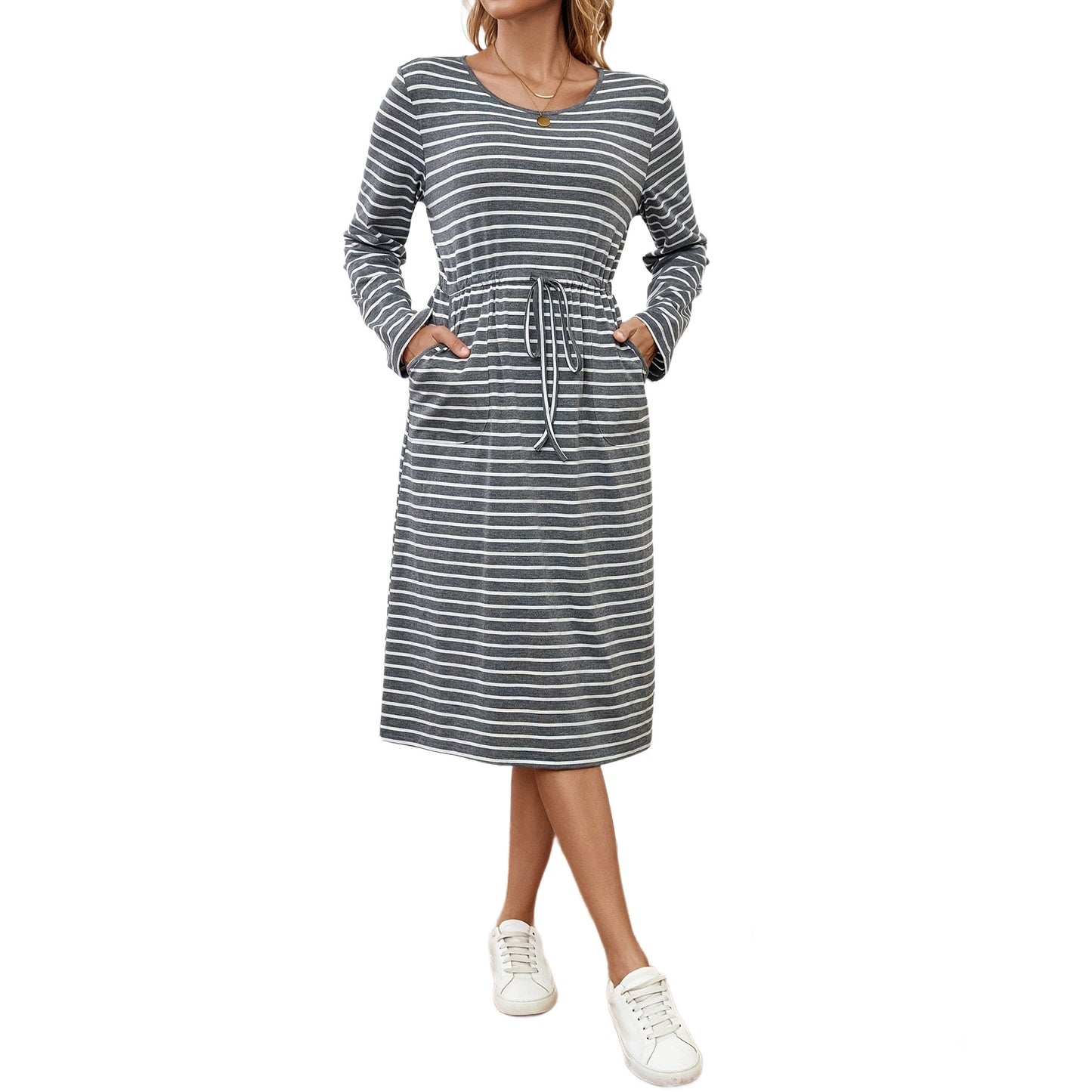 Loose-fitting Womens Striped Long Sleeve Dress