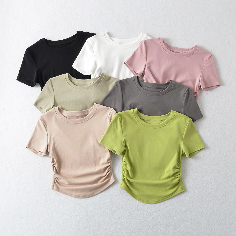 Spring Slim-fitting Top Hot Girl Drawstring Round Neck T-shirt