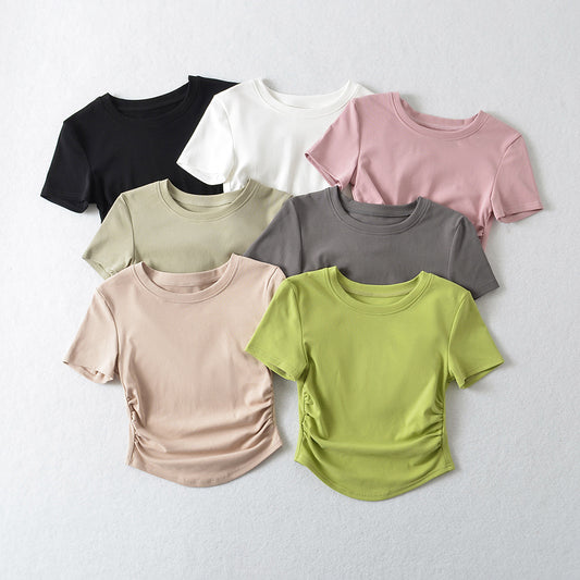 Spring Slim-fitting Top Hot Girl Drawstring Round Neck T-shirt