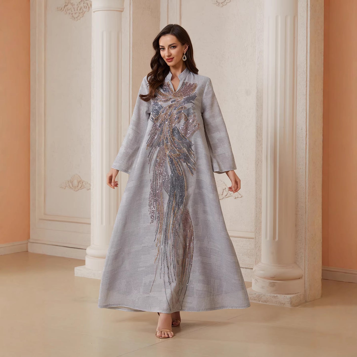 Muslim Womens Dress Made Of Mesh Fabric With Sequins