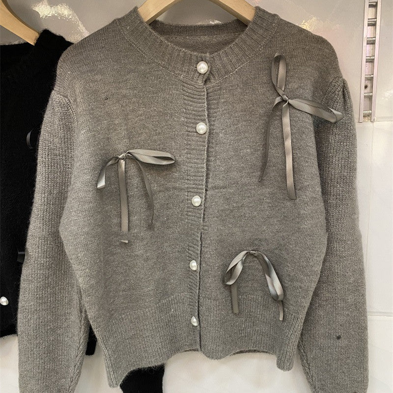 Ribbon Bow Bandage Fashionable Round Neck Coat Top