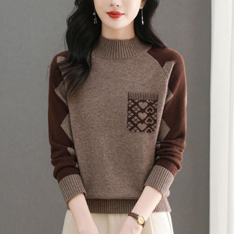 New FallWinter Half-High Round-Neck Colorblock Knit Sweater