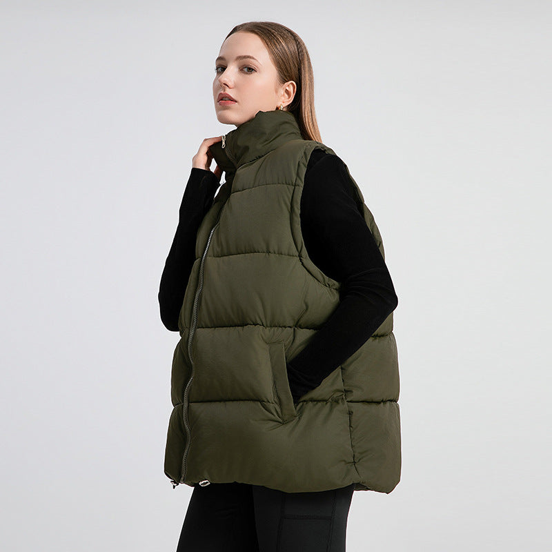 Women's Sleeveless Mid-length Stand-up Collar Thermal Down Cotton Thickened Vest