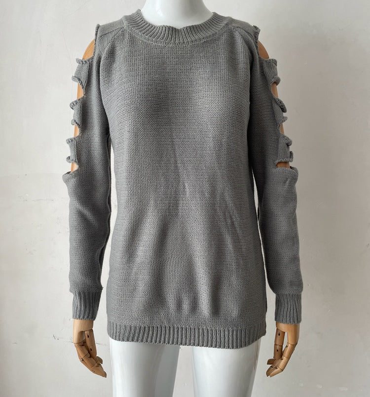 Women's European And American Round Neck Long Sleeve Off-shoulder Solid Color Sweater Bottoming Shirt