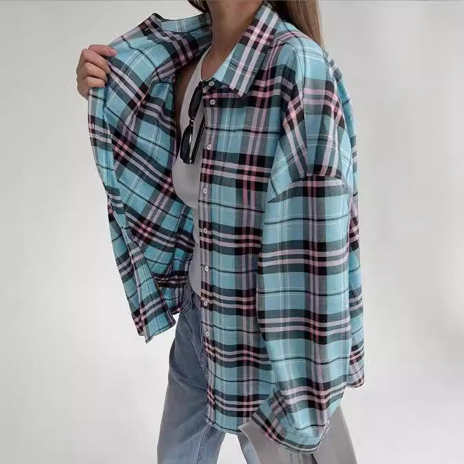 Casual Loose Design Plaid Shirt Women's Clothing