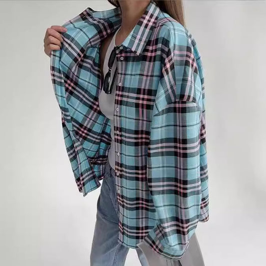Casual Loose Design Plaid Shirt Women's Clothing