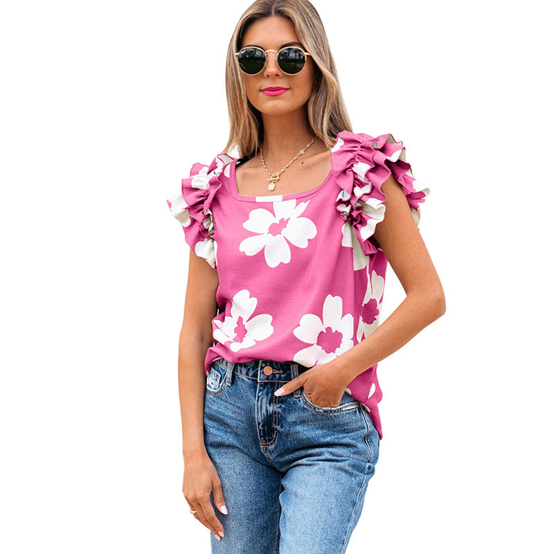 European And American Fashion Flower Texture Ruffled Short Sleeves