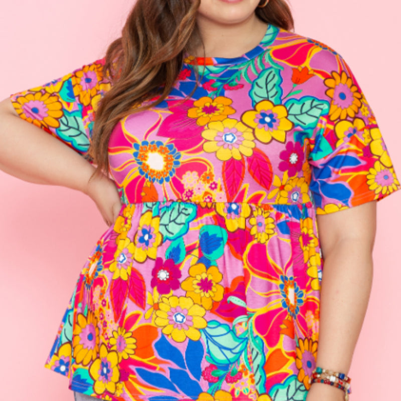 Floral Print Short Sleeve Plus Size Babydoll Blouse