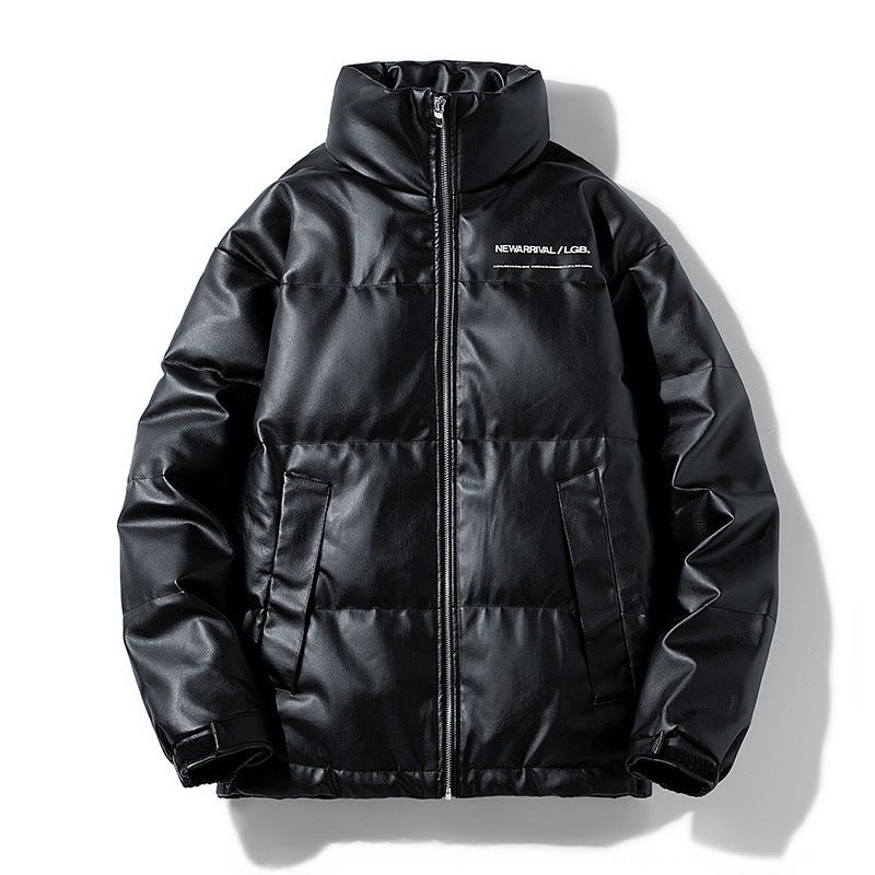 Men's Casual Down Jacket Vintage Stand Collar PU Leather Jacket