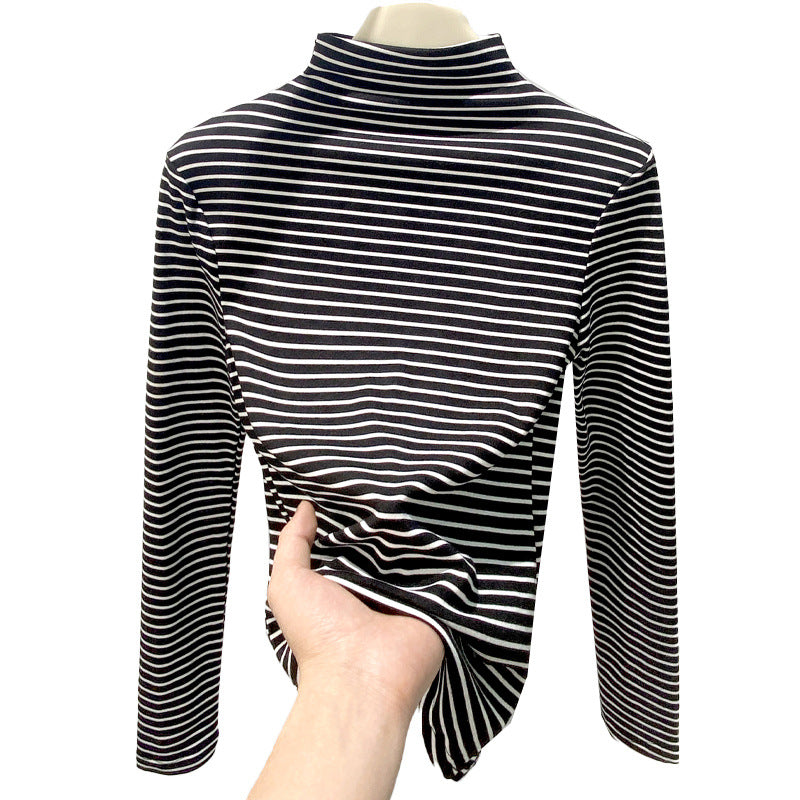 Half Collar Top Pinstripe Long-sleeved T-shirt
