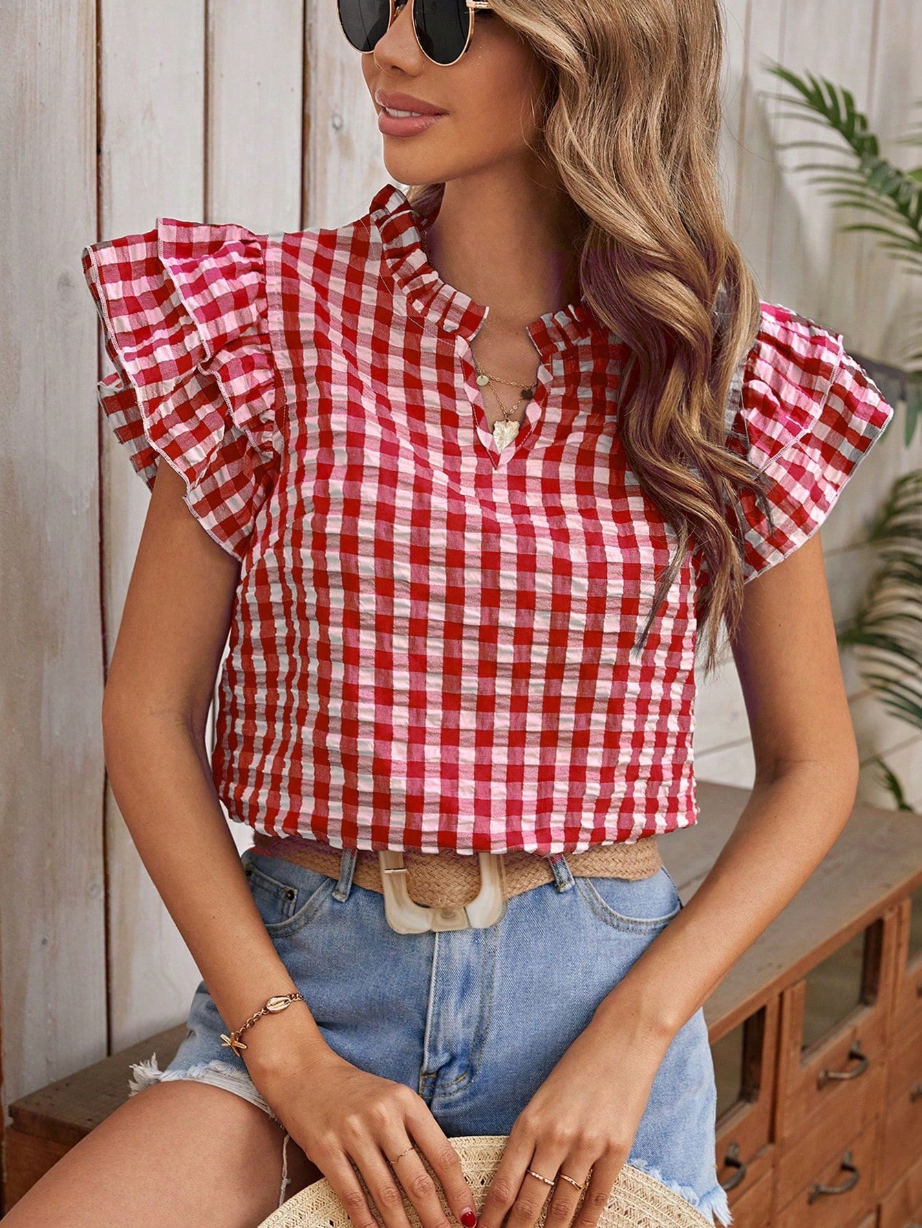 Womens Double-layer Ruffled Plaid Short-sleeve Top