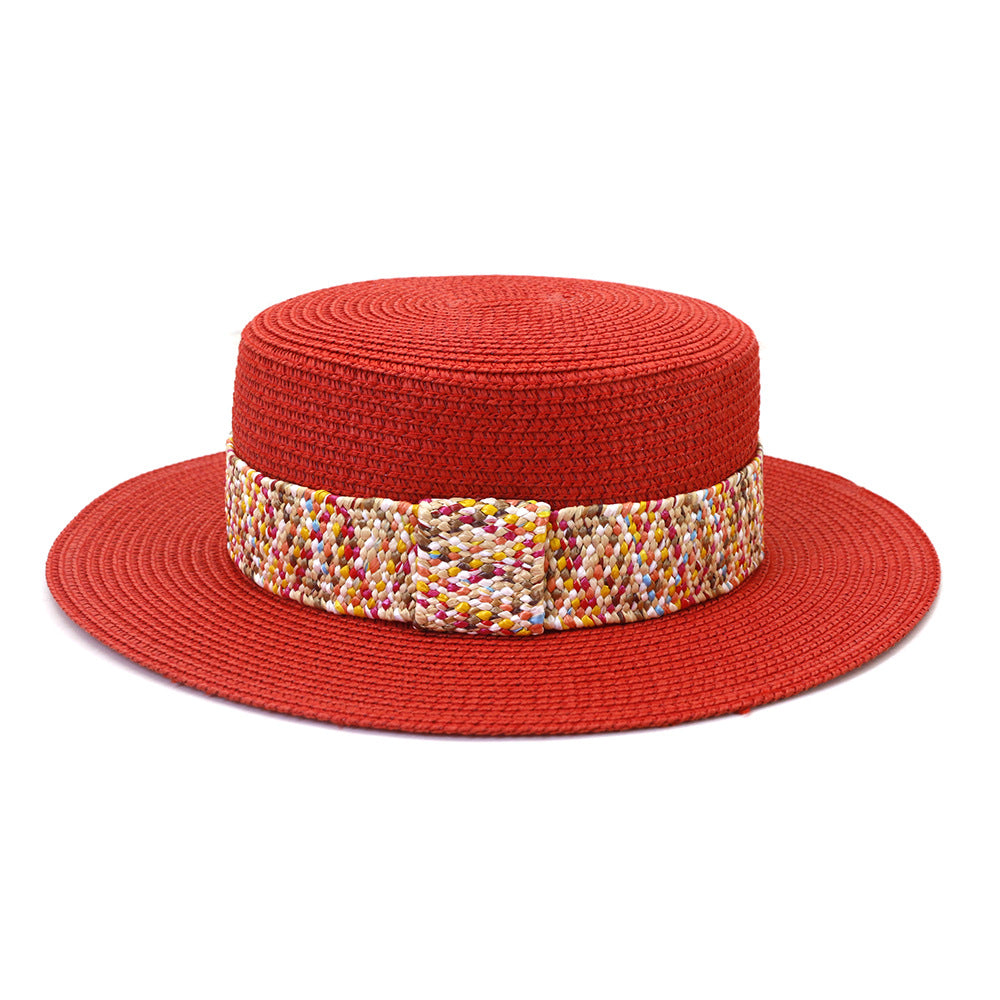 Color Flat Top Straw Hat Outdoor Travel Sunscreen