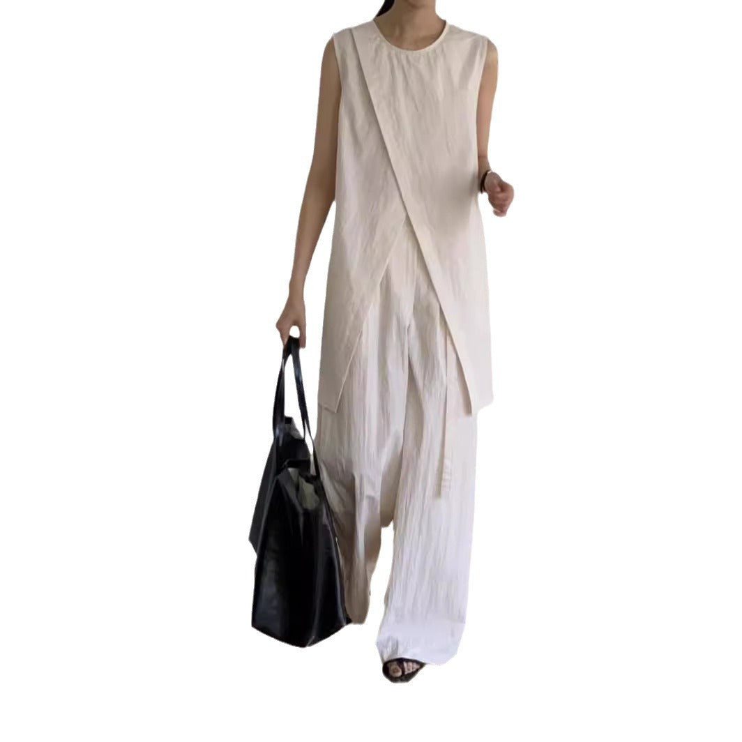 Split Sleeveless Lace-up Top High Waist Wide Leg Pants Two-piece Set