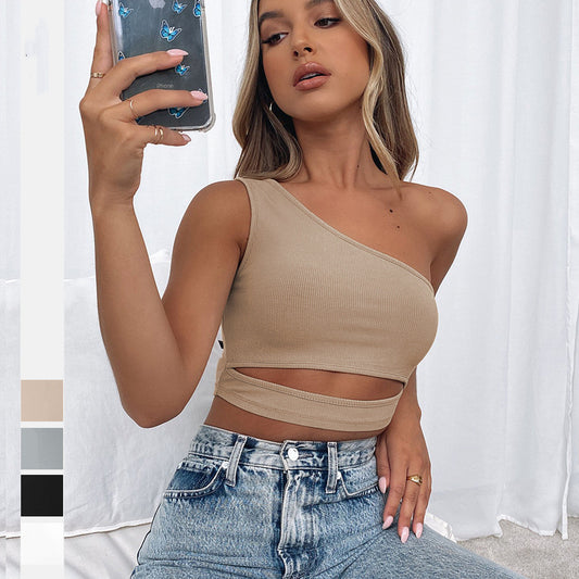 Women's Summer Sloping Shoulder Short Cropped Ribbed Vest