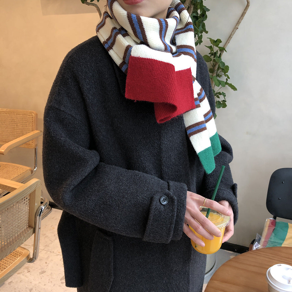 Casual Contrast Striped Knitted Warm Wool Scarf