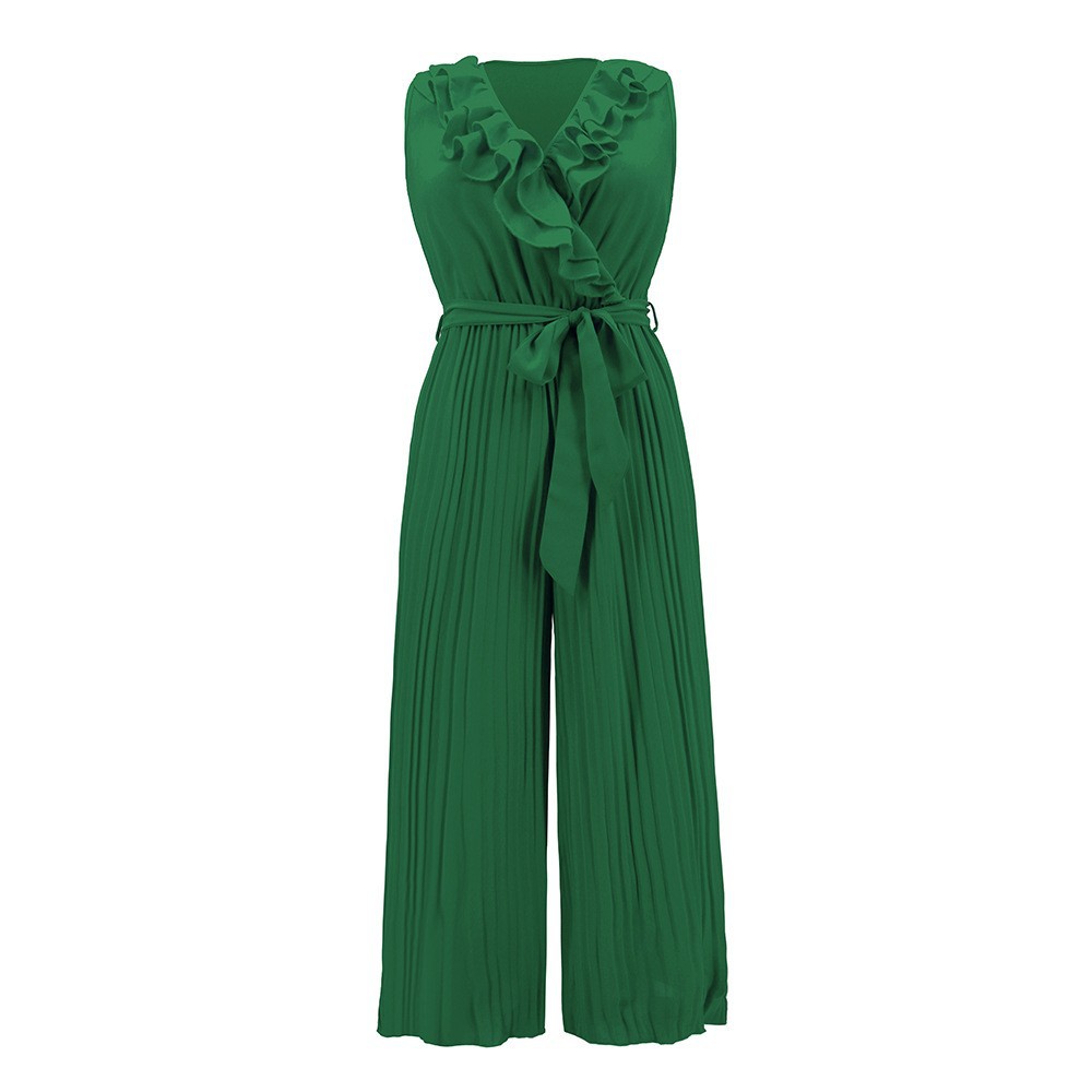 Women's Comfortable Sleeveless V-neck Flounce Pleated Jumpsuit