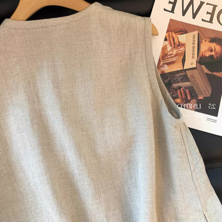 Laqian-stil broderet hørvest med V-udskæring til kvinder Sommer high-end alsidig løs slankende ærmeløs top