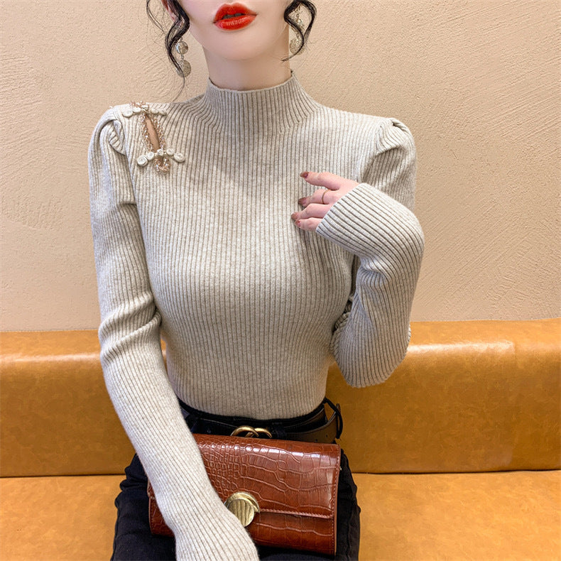 Women's Autumn And Winter National Style Puff Sleeve Half Turtleneck Slim-fit Underwear Sweater