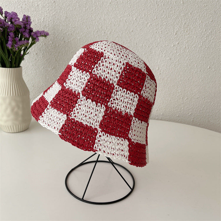 Checkerboard Plaid Coarse Wool Knitted Fisherman Hat Handmade For Women