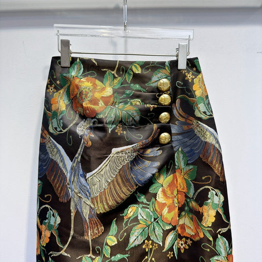 Women's Printed Gold Button Hem Slit High Waisted Skirt