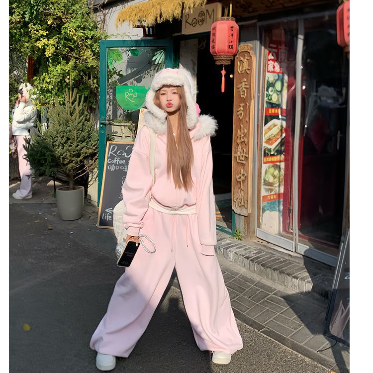 Womens Thickened Detachable Fur-Trimmed Jacket And Sweatpants Set