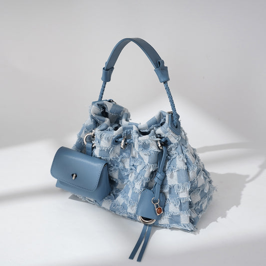 Højkvalitets One-shoulder Niche Førstelags Koskind Med Denim Underarms taske