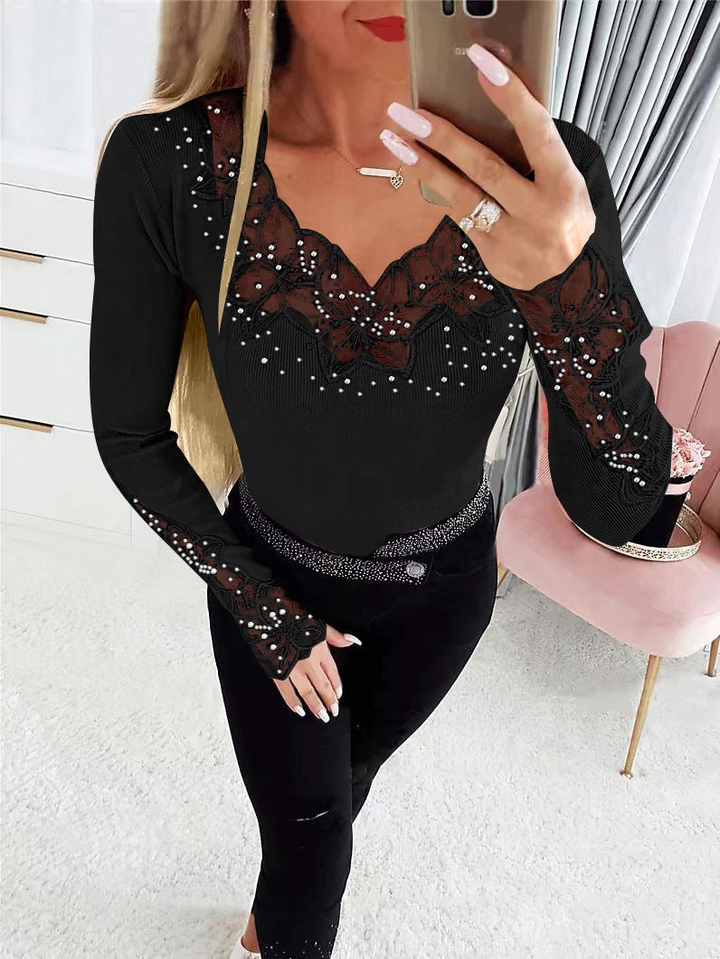 Solid Color Neckline And Cuff Stitching Lace Hot