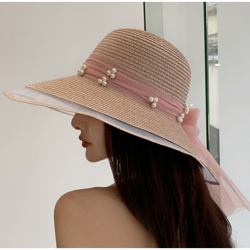 Women's Summer New Mesh Pearl Sunscreen Casual Straw Hat