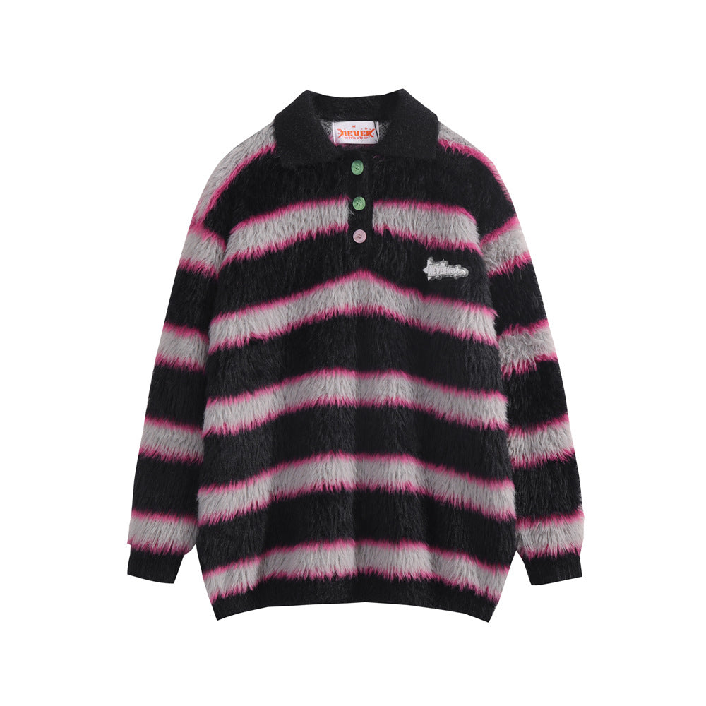 Contrast Striped Plush Sweater Long Sleeve Lapel Pullover
