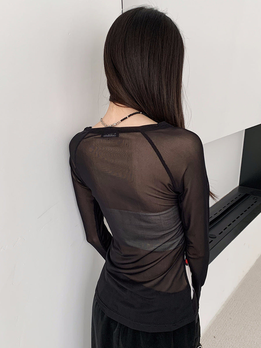 Round Neck Mesh Long Sleeve Printed Bottom Shirt