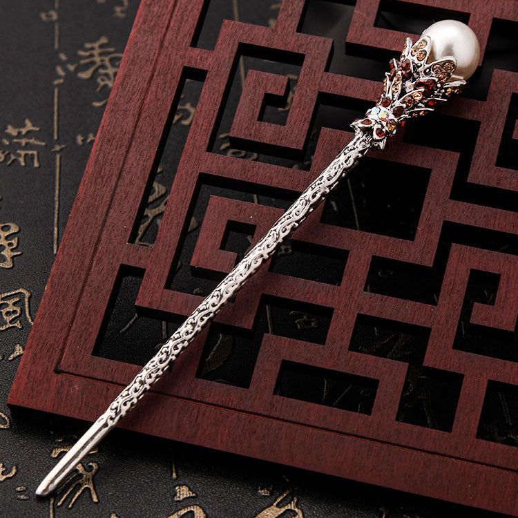 Vintage Bronze Hairpin With Rhinestones And Pearls