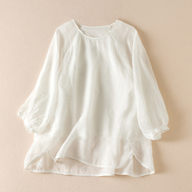 Cotton And Linen Thin Embroidery Loose Shirt