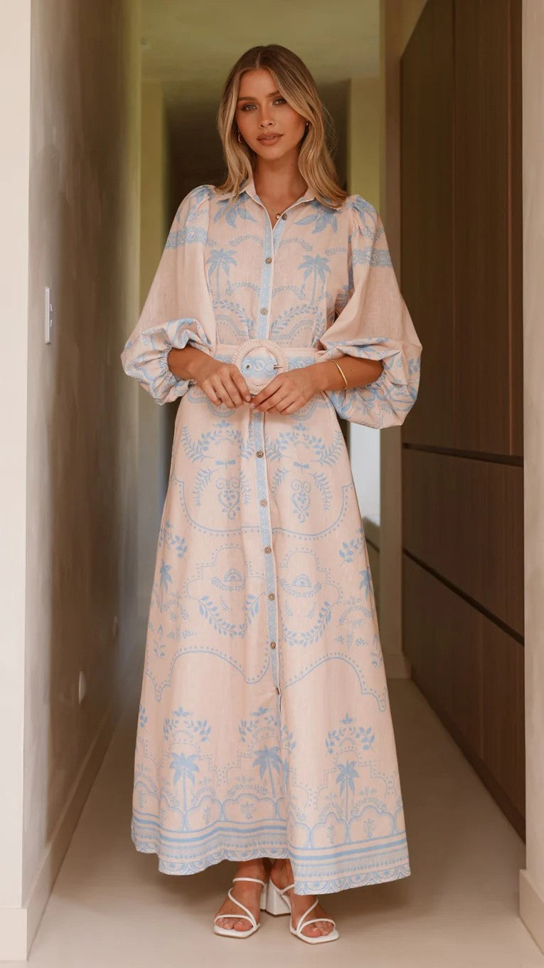 Loose Casual Linen Dress With Puff Sleeves