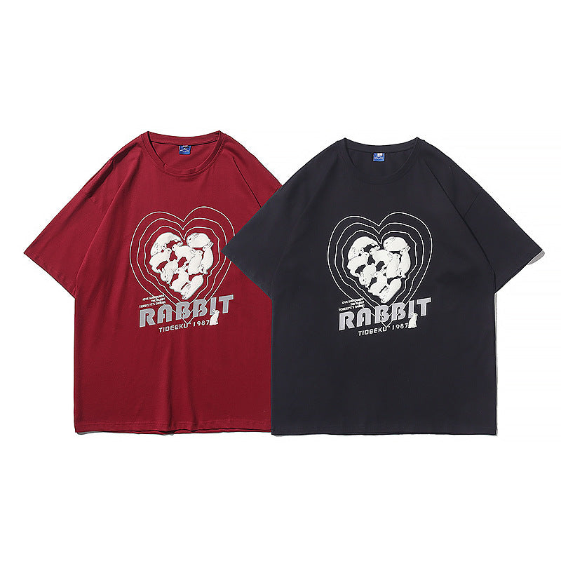 Red Collarless Loose Short Sleeve Teen